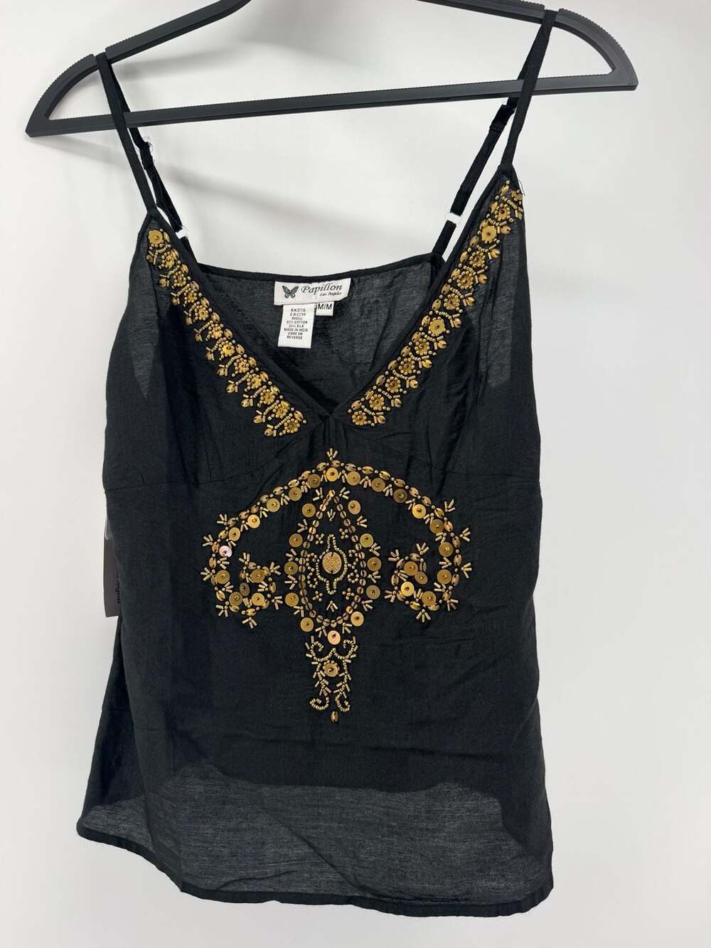Papillon Los Angeles Black Silk Blend Beaded Cami Top Size M NWT Boho Y2K